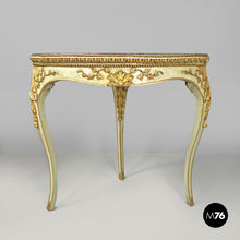 Load image into Gallery viewer, Gold and green corner wood consoles with lumachella marble top, 1700s
