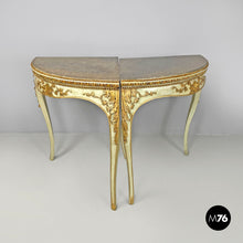 Load image into Gallery viewer, Gold and green corner wood consoles with lumachella marble top, 1700s