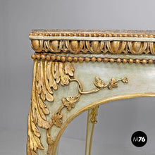 Load image into Gallery viewer, Gold and green corner wood consoles with lumachella marble top, 1700s