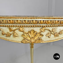 Load image into Gallery viewer, Gold and green corner wood consoles with lumachella marble top, 1700s