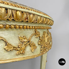 Load image into Gallery viewer, Gold and green corner wood consoles with lumachella marble top, 1700s