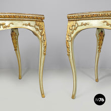 Load image into Gallery viewer, Gold and green corner wood consoles with lumachella marble top, 1700s