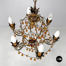 画像をギャラリービューアに読み込む, Amber glass drop chandelier in golden metal, 1930s