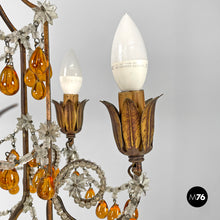 画像をギャラリービューアに読み込む, Amber glass drop chandelier in golden metal, 1930s