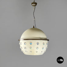 画像をギャラリービューアに読み込む, White metal ceiling lamp with reflective glass applications, 1970s