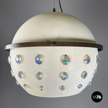 画像をギャラリービューアに読み込む, White metal ceiling lamp with reflective glass applications, 1970s