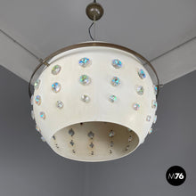 画像をギャラリービューアに読み込む, White metal ceiling lamp with reflective glass applications, 1970s