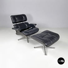 将图片加载到图库查看器,Black leather armchair and pouf 670 671 by Charles and Ray Eames for ICF, 1970s