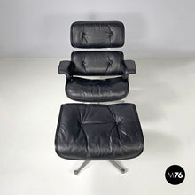 将图片加载到图库查看器,Black leather armchair and pouf 670 671 by Charles and Ray Eames for ICF, 1970s