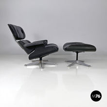 将图片加载到图库查看器,Black leather armchair and pouf 670 671 by Charles and Ray Eames for ICF, 1970s