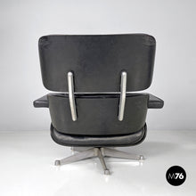 将图片加载到图库查看器,Black leather armchair and pouf 670 671 by Charles and Ray Eames for ICF, 1970s