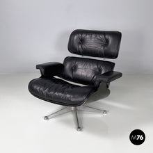 将图片加载到图库查看器,Black leather armchair and pouf 670 671 by Charles and Ray Eames for ICF, 1970s