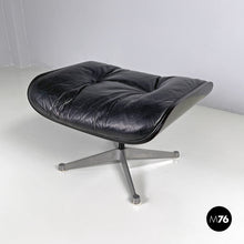将图片加载到图库查看器,Black leather armchair and pouf 670 671 by Charles and Ray Eames for ICF, 1970s
