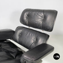 将图片加载到图库查看器,Black leather armchair and pouf 670 671 by Charles and Ray Eames for ICF, 1970s