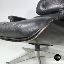 将图片加载到图库查看器,Black leather armchair and pouf 670 671 by Charles and Ray Eames for ICF, 1970s