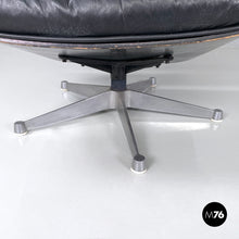 将图片加载到图库查看器,Black leather armchair and pouf 670 671 by Charles and Ray Eames for ICF, 1970s