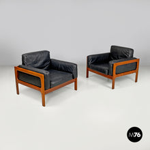 Load image into Gallery viewer, Wood and black leather armchairs, 1960s