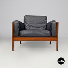Load image into Gallery viewer, Wood and black leather armchairs, 1960s