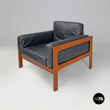 Load image into Gallery viewer, Wood and black leather armchairs, 1960s