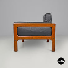 Load image into Gallery viewer, Wood and black leather armchairs, 1960s