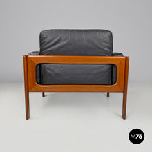 Load image into Gallery viewer, Wood and black leather armchairs, 1960s