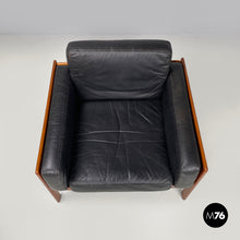 Load image into Gallery viewer, Wood and black leather armchairs, 1960s
