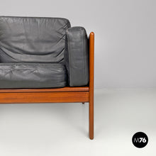 Load image into Gallery viewer, Wood and black leather armchairs, 1960s