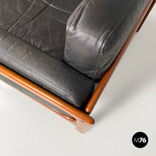 Load image into Gallery viewer, Wood and black leather armchairs, 1960s