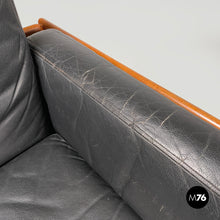 Load image into Gallery viewer, Wood and black leather armchairs, 1960s