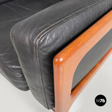 Load image into Gallery viewer, Wood and black leather armchairs, 1960s