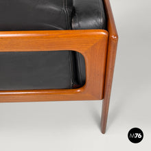 Load image into Gallery viewer, Wood and black leather armchairs, 1960s