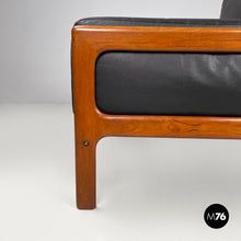 Load image into Gallery viewer, Wood and black leather armchairs, 1960s