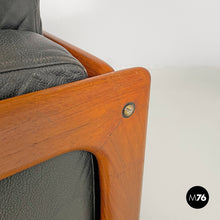 Load image into Gallery viewer, Wood and black leather armchairs, 1960s