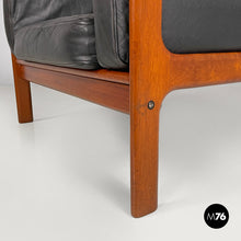 Load image into Gallery viewer, Wood and black leather armchairs, 1960s