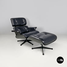 将图片加载到图库查看器,Black leather and metal armchair and pouf 670 671 by Charles and Ray Eames for ICF, 1970s