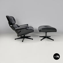 将图片加载到图库查看器,Black leather and metal armchair and pouf 670 671 by Charles and Ray Eames for ICF, 1970s