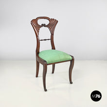 将图片加载到图库查看器,Chair in decorated wood and green fabric, early 1800s