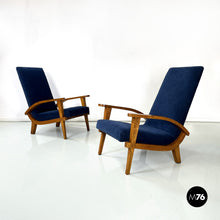 画像をギャラリービューアに読み込む, Wood and blue fabric armchairs, 1950s