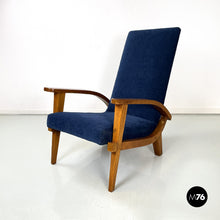 画像をギャラリービューアに読み込む, Wood and blue fabric armchairs, 1950s