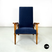 画像をギャラリービューアに読み込む, Wood and blue fabric armchairs, 1950s