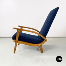 画像をギャラリービューアに読み込む, Wood and blue fabric armchairs, 1950s