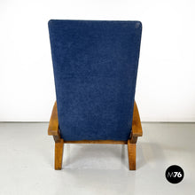 画像をギャラリービューアに読み込む, Wood and blue fabric armchairs, 1950s