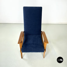 画像をギャラリービューアに読み込む, Wood and blue fabric armchairs, 1950s