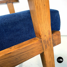 画像をギャラリービューアに読み込む, Wood and blue fabric armchairs, 1950s