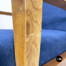 画像をギャラリービューアに読み込む, Wood and blue fabric armchairs, 1950s