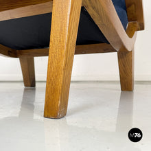 画像をギャラリービューアに読み込む, Wood and blue fabric armchairs, 1950s