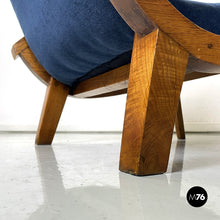 画像をギャラリービューアに読み込む, Wood and blue fabric armchairs, 1950s