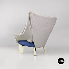 画像をギャラリービューアに読み込む, Grey and blue fabric and white wood armchairs, 1980s