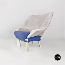 画像をギャラリービューアに読み込む, Grey and blue fabric and white wood armchairs, 1980s