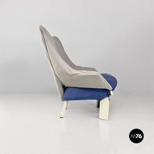 画像をギャラリービューアに読み込む, Grey and blue fabric and white wood armchairs, 1980s